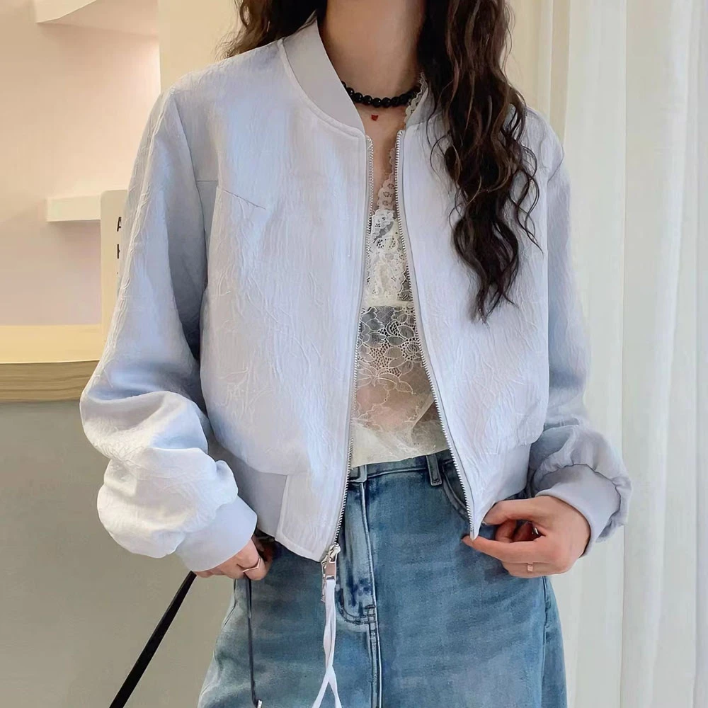 肌理感时尚洋气春秋季宽松立领长袖拼接拉链休闲短外套显瘦棒球服