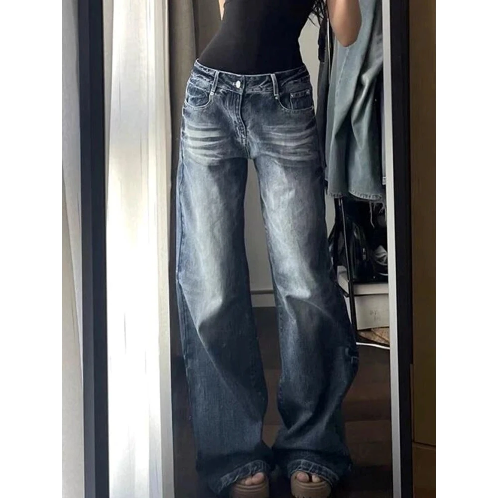 美式高街水洗折痕阔腿牛仔裤女2025年春季新款高腰显瘦垂感拖地裤