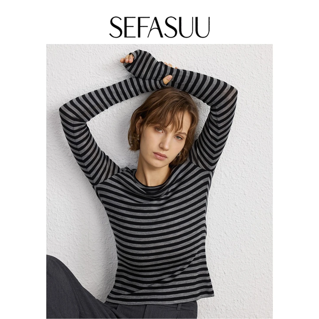 SEFASUU100%羊毛条纹打底衫圆领针织T恤新品可机洗长袖女