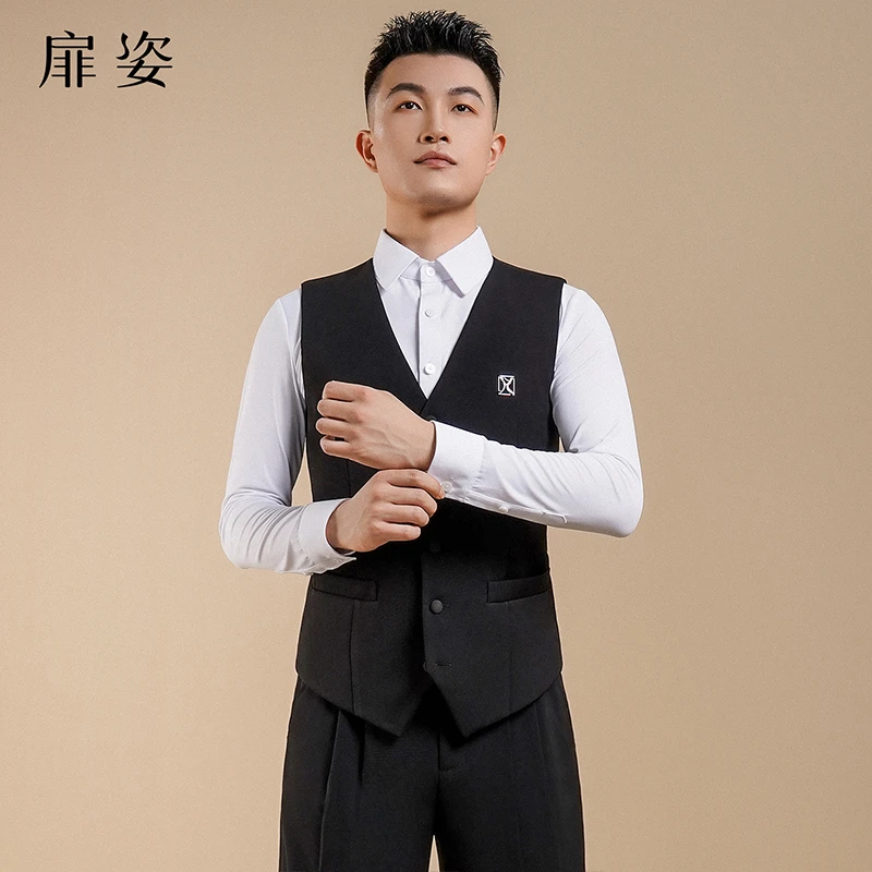 扉姿 男士摩登舞马甲上衣拉丁舞马夹跳舞练功服演出舞蹈服F5007