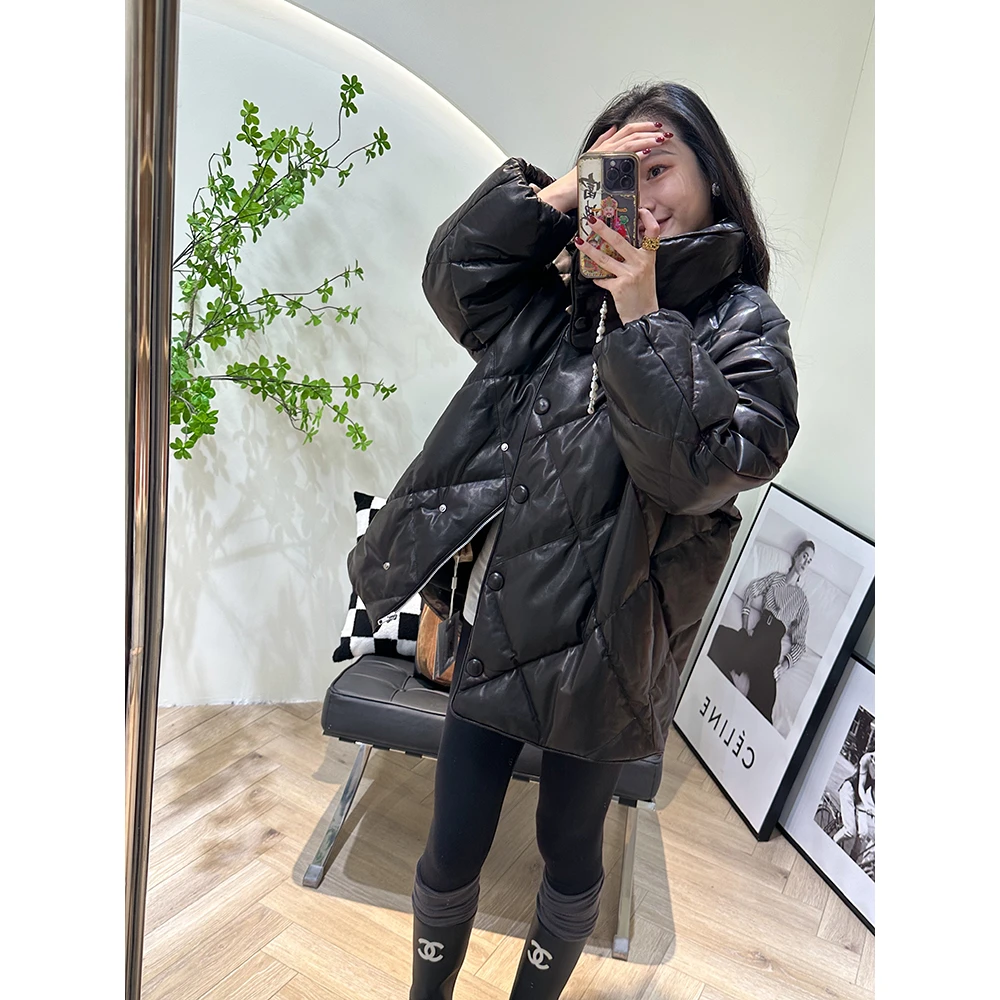 MSRM 进口轻油蜡羊皮菱形格鹅绒不对称领阔版皮衣女 1336