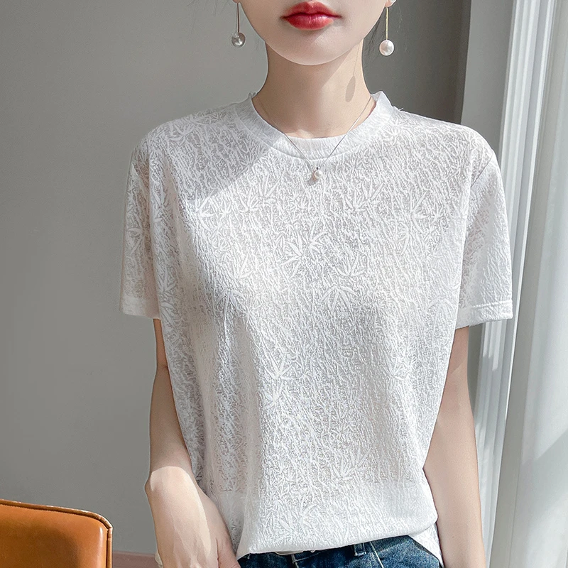 2025年夏季时尚潮流提花莱赛尔天丝圆领短袖上衣女T恤