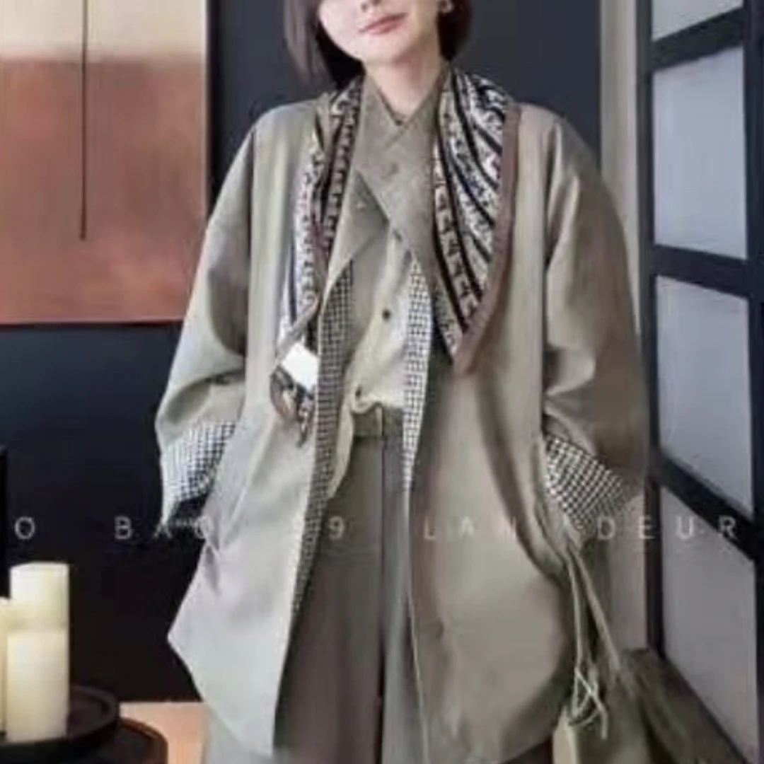 韩系休闲气质两面穿立领格子风衣秋季中长款外套