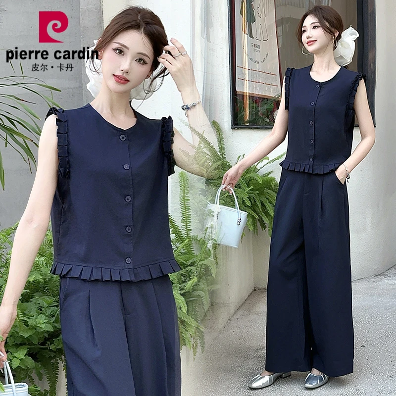 皮尔卡丹时尚套装女夏季短款圆领无袖上衣小个子九分休闲高腰阔腿