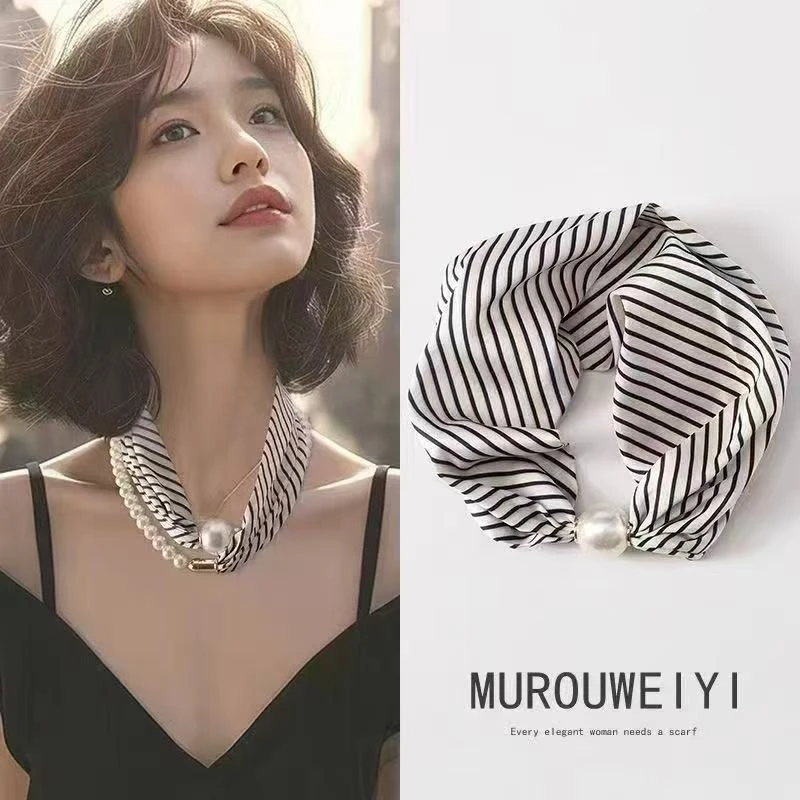 仿真丝磁吸扣丝巾女2025新高级感锁骨链珍珠项链护颈围脖丝巾批发