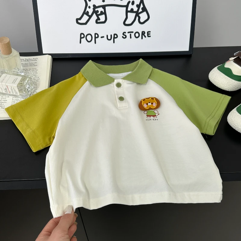 【棉T】儿童T恤夏季新款男童短袖欧若风卡通狮子拼色翻领上衣AX858