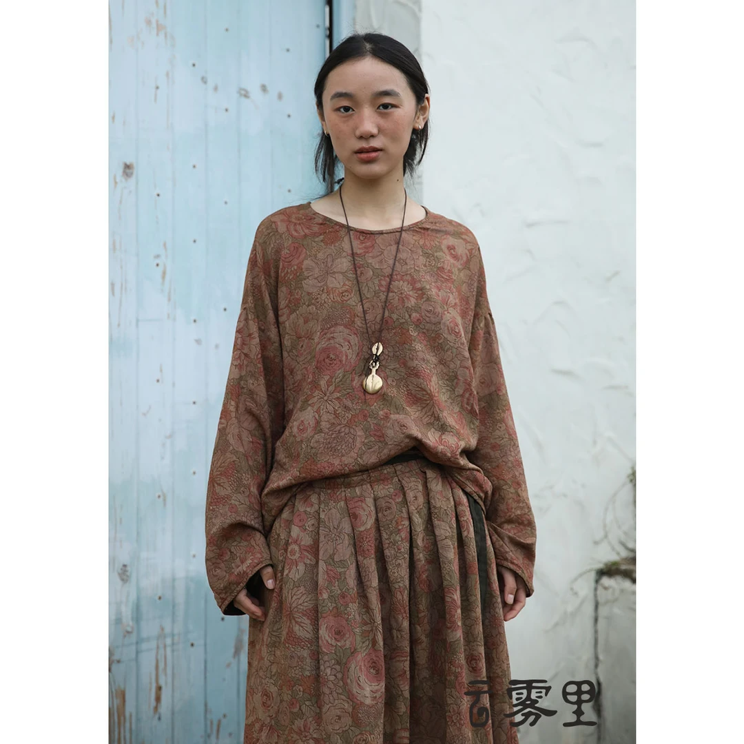 云雾里 原创设计复古文艺松弛感宽松随性植物染亚麻混纺上衣 5014