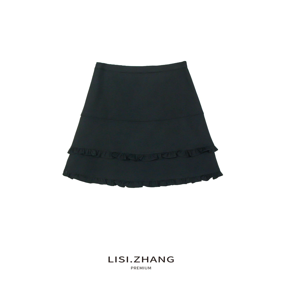 LISI.ZHANG--【木耳边短裙】高腰木耳边拼接纯色A字小黑裙短半身裙