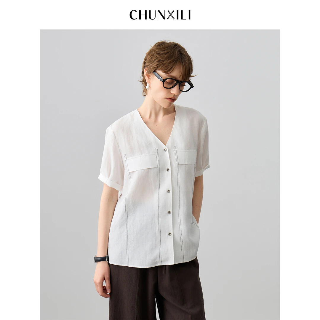 CHUNXILI/春熙里 夏季薄款透气小衫 V领灯笼袖衬衫D04S52074