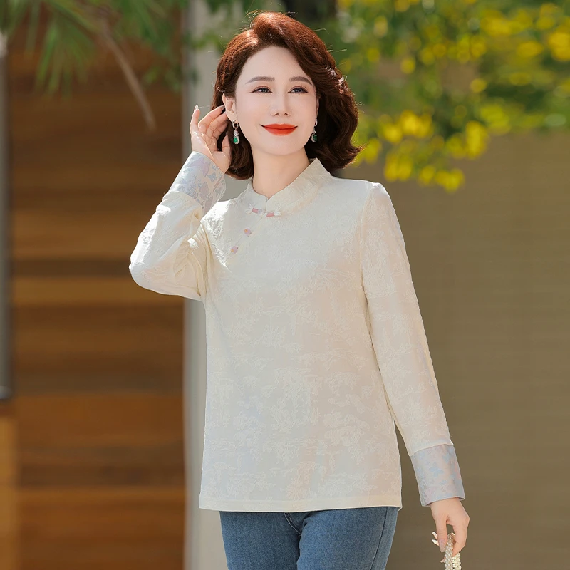 国风打底新款春秋2025中式上衣刺绣长袖时尚T恤提花复古气质小衫