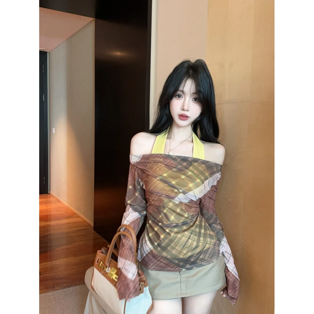 设计感荡领套头拼接假两件格子撞色休闲T恤上衣女纯欲慵懒风女装