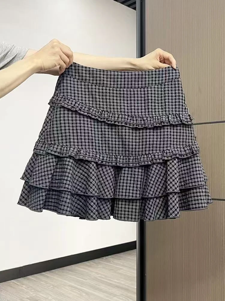 可爱风蛋糕裙夏季2025新款出游复古格子半身裙高腰显瘦A字短裙女