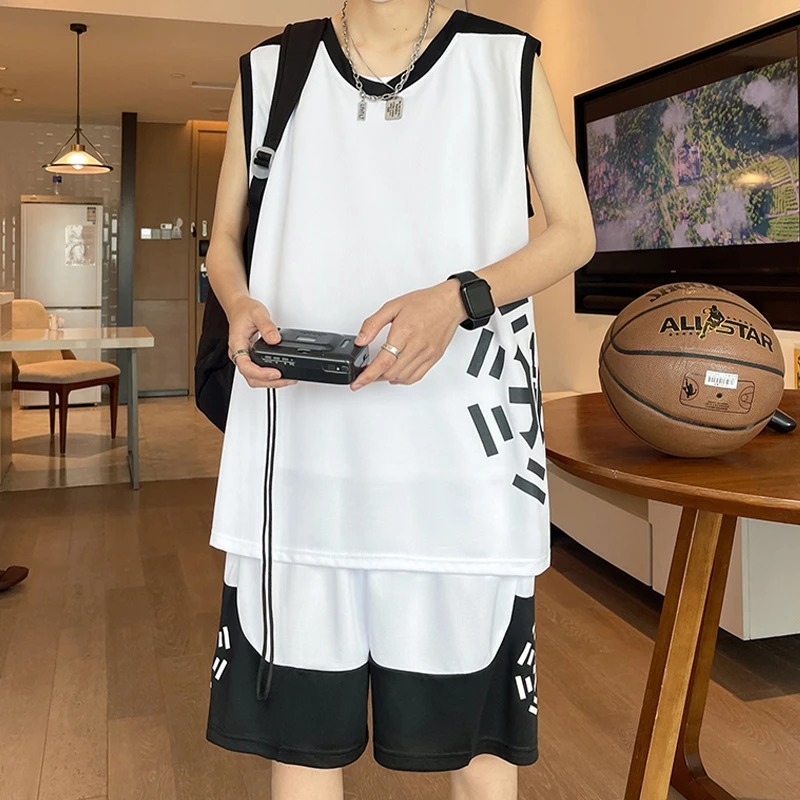 篮球运动服套装男夏季宽松冰丝t恤男装青少年背心短裤搭配一整套