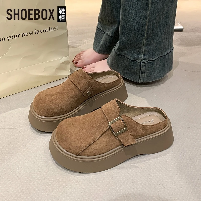 SHOEBOX鞋柜勃肯包头半拖女外穿2025春季厚底增高懒人穆勒博肯鞋