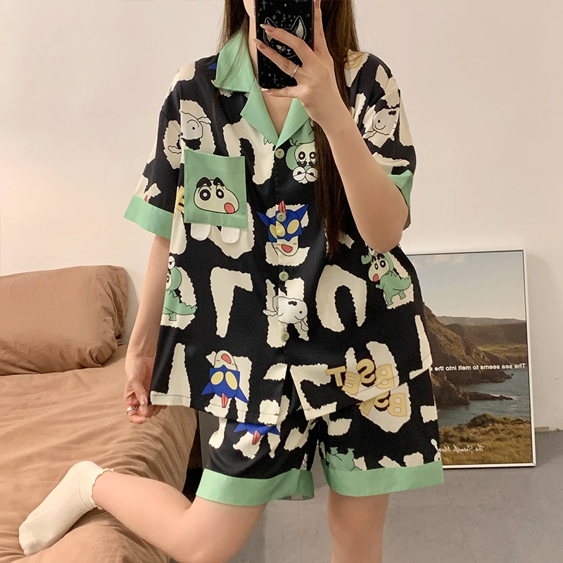 夏季冰丝睡衣女款爆款2025新款短袖夏天薄款蜡笔小新家居服套装