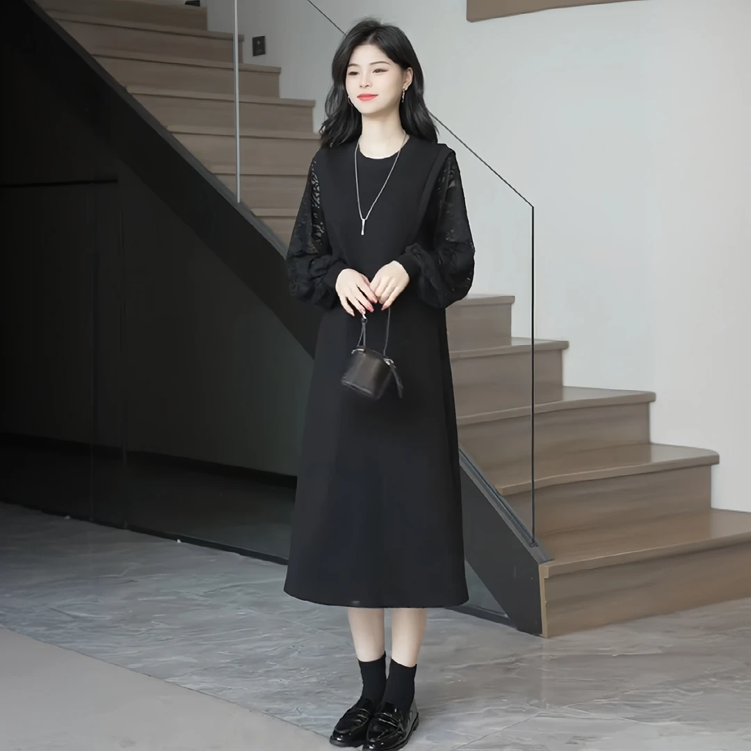 高级感中长款气质连衣裙女2025春夏季新款蕾丝拼接遮肚显瘦黑裙子