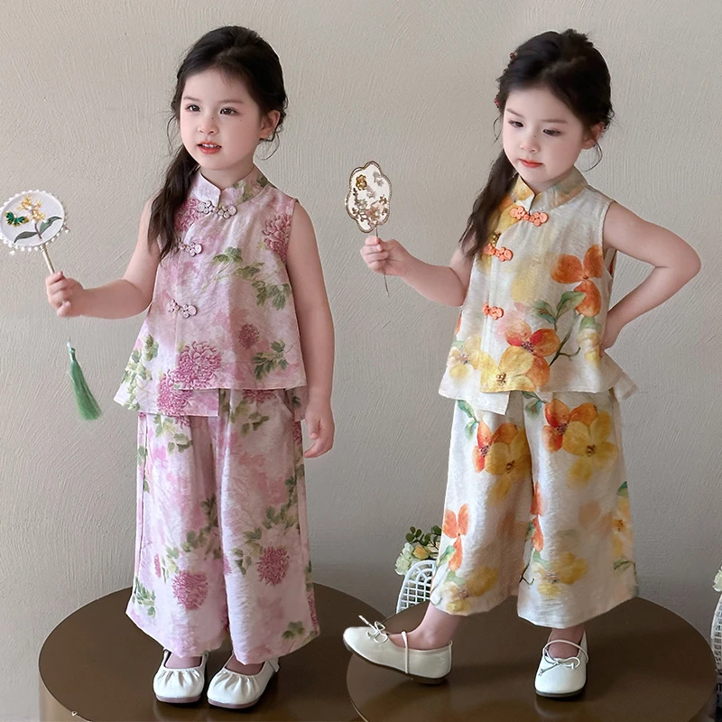 女童碎花套装中国风女童套头夏季套装公主童装唐装无袖民族风汉服
