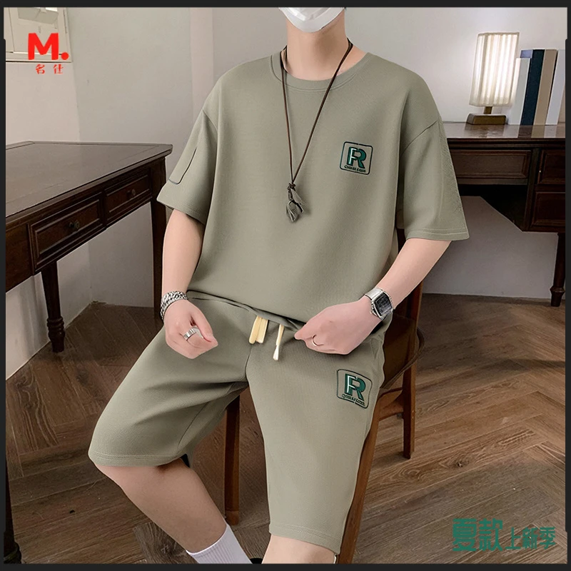 夏季男士短袖T恤五分裤套装2025新款潮牌休闲运动时尚个性两件套