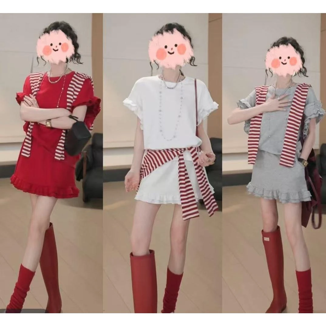 1359设计感蛋糕花边短袖T恤时尚套装+条纹披肩套装