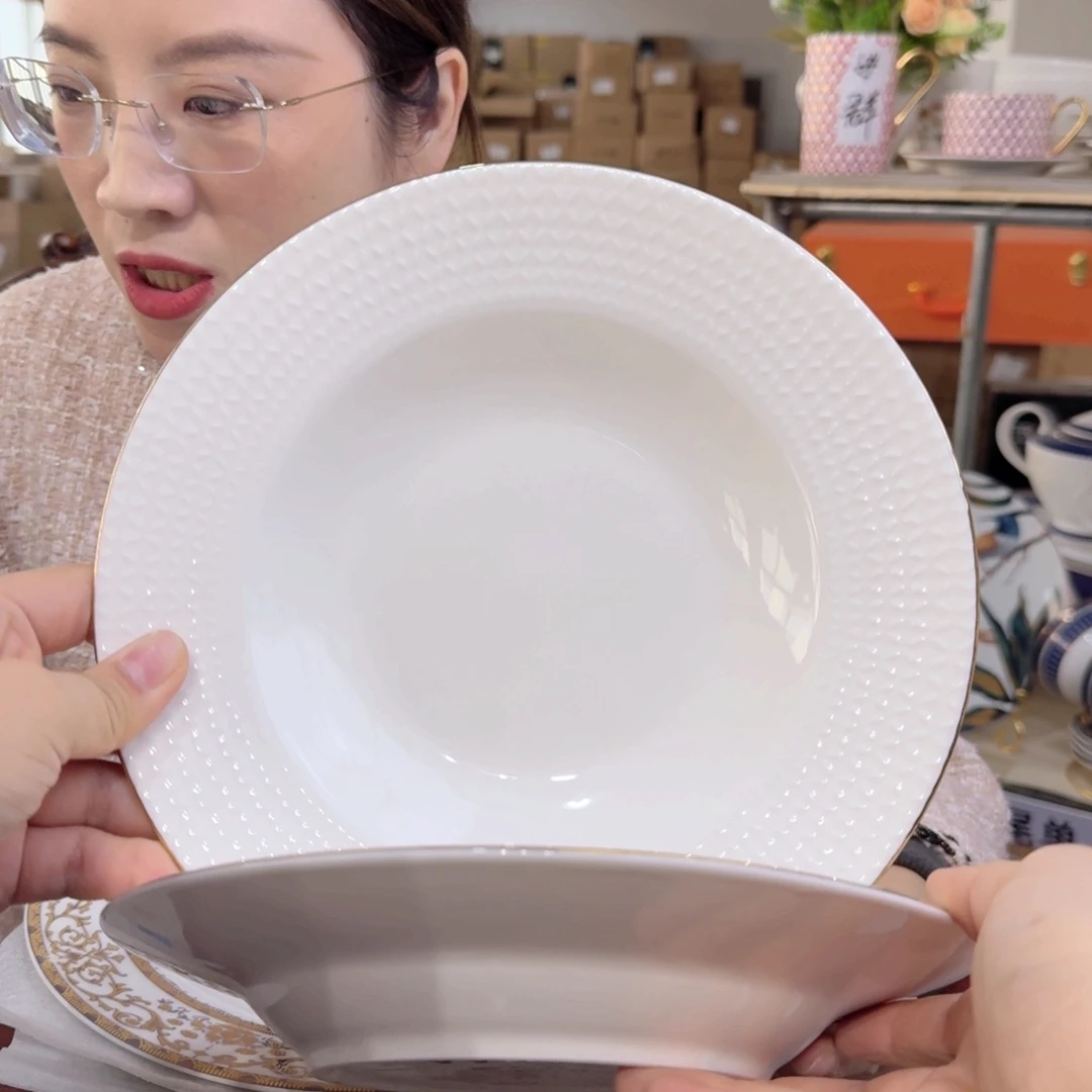 骨瓷8.5英寸汤盘口径22cm8只外贸骨瓷金边
