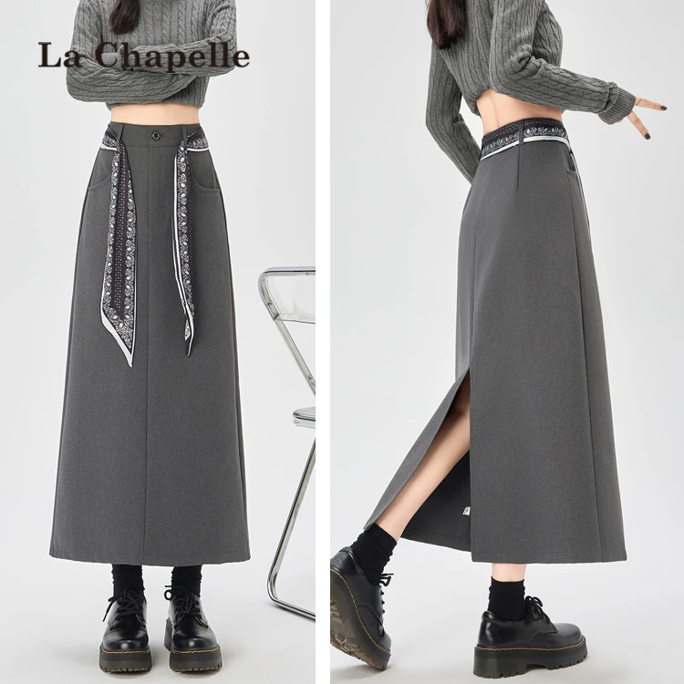 拉夏贝尔灰色西装半身裙女早秋高腰直筒一步裙后开叉a字包臀裙子