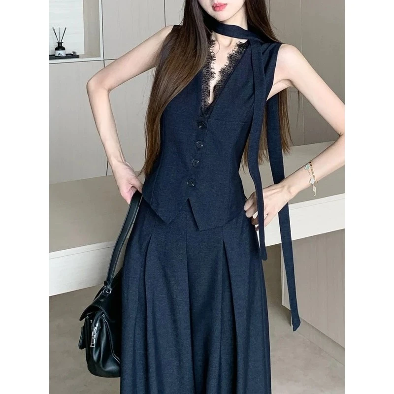 M176 初夏搭配一整套时尚V领蕾丝马甲上衣套装女阔腿裤气质两件套