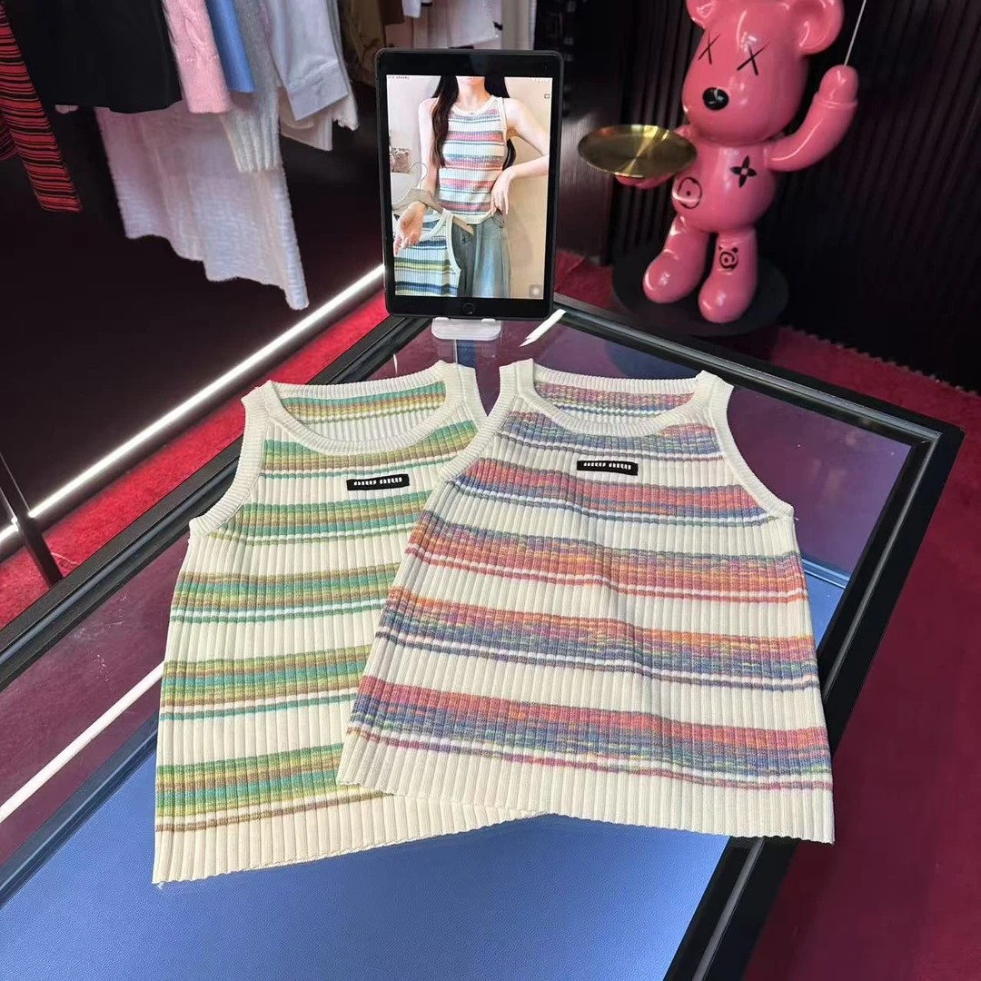 G733新款时尚通勤条纹彩色休闲针织背心百搭洋气韩版撞色