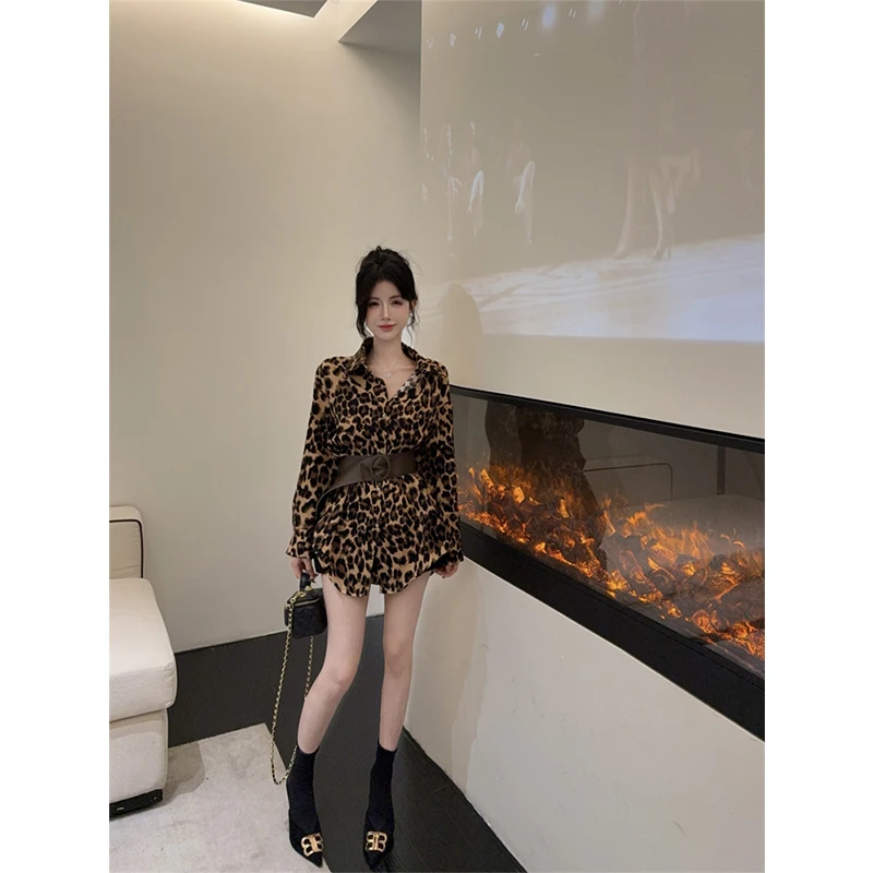 法式春秋炸街复古气质辣妹绝美中长款豹纹长袖衬衫外套短裙裤套装