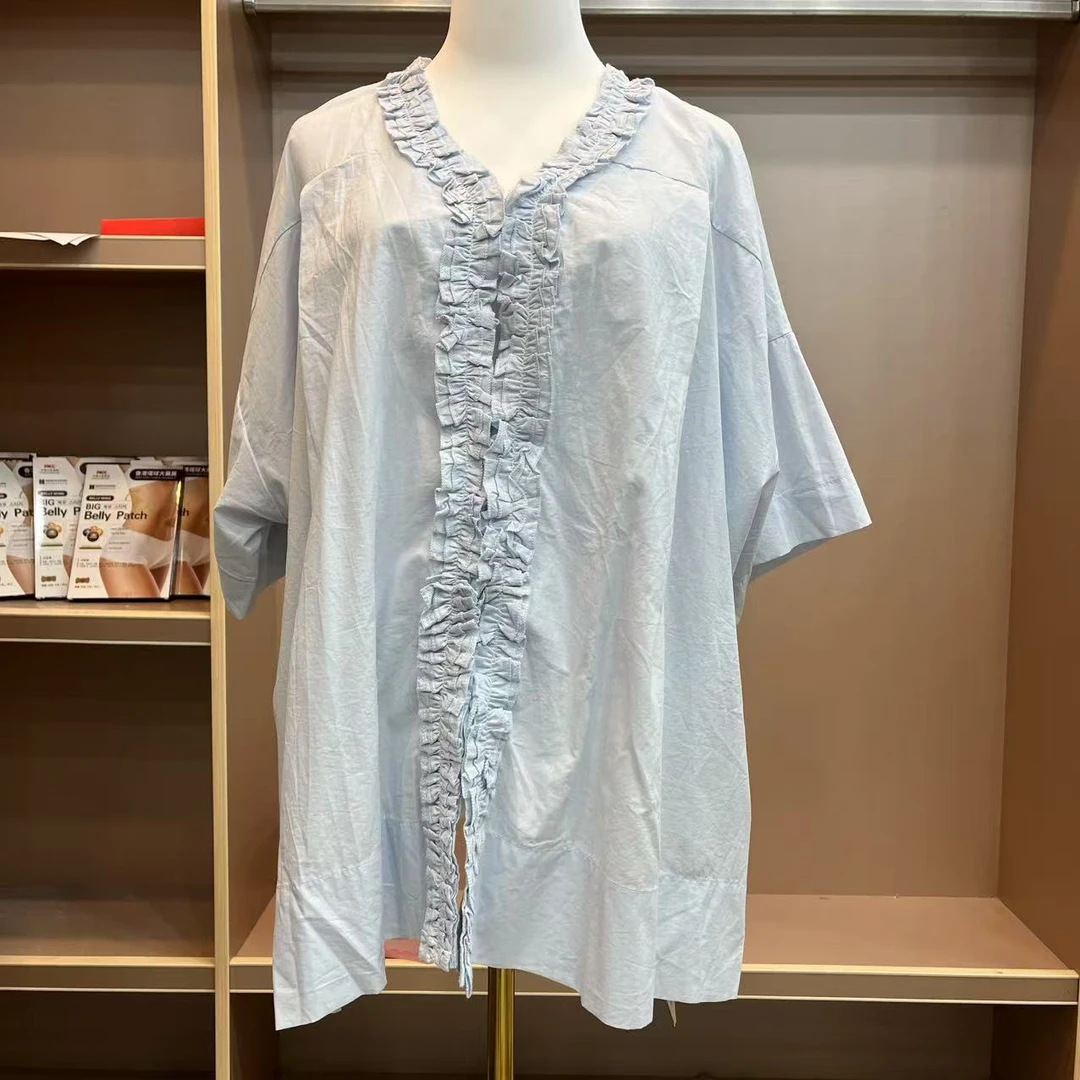 S8381 中长款常规木耳小衫女装夏季V领时尚衬衫宽松型短袖