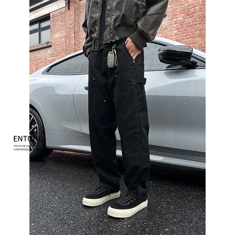 Entong日系复古水洗双膝伐木工装裤男美式街头秋季宽松直筒牛仔裤