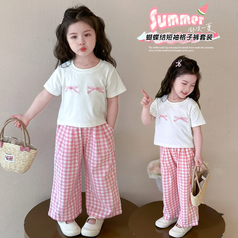 女童夏装短袖套装2025新款儿童T恤格子阔腿裤两件套宝宝夏季衣服