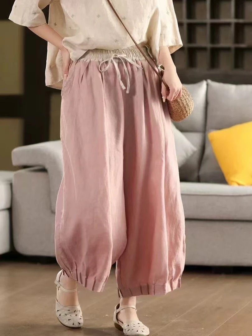 100%汉麻文艺老钱风复古宽松日系压褶灯笼裤