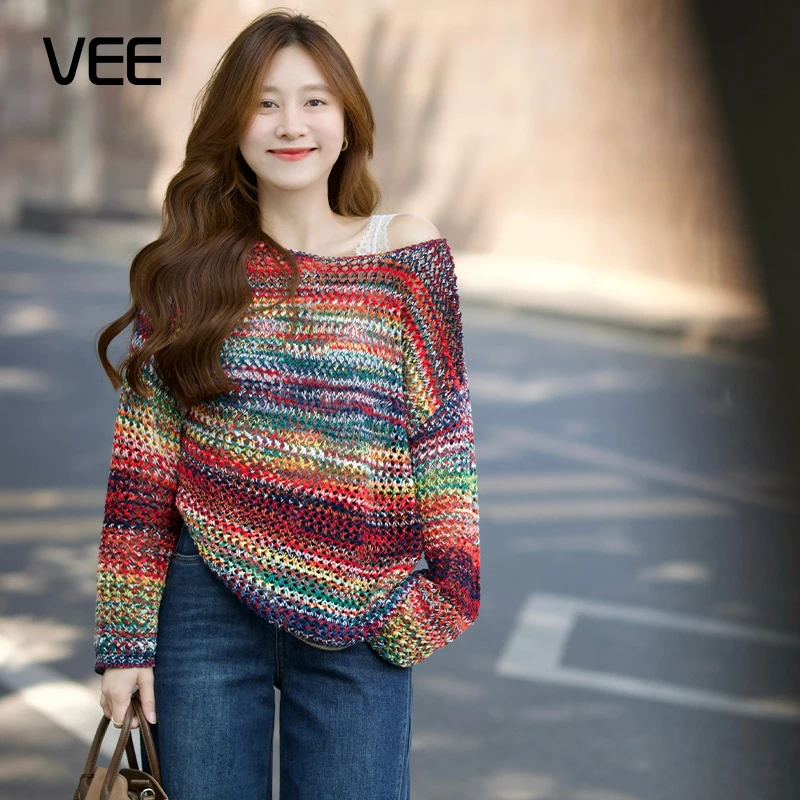 VEE【彩之南】时尚网红宽松段染彩色镂空长袖针织罩衫