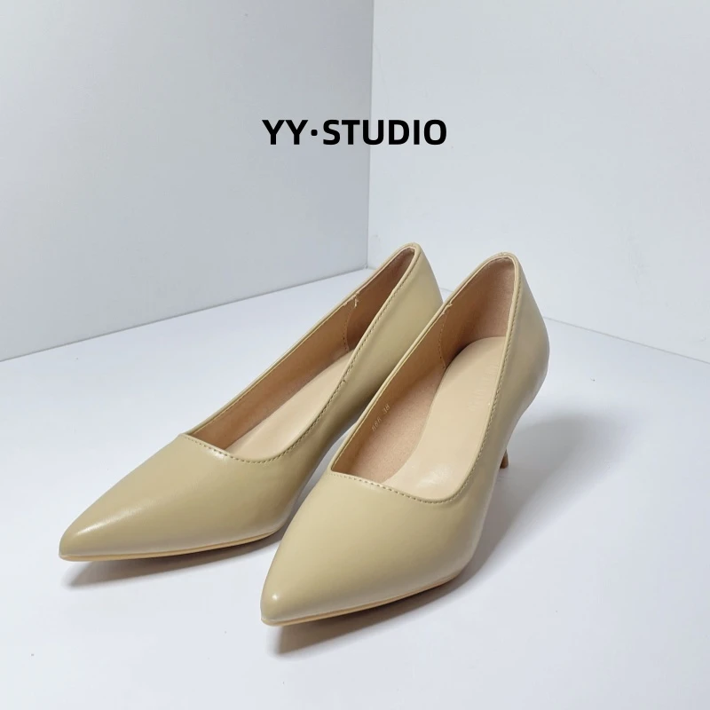 真软皮裸色高跟鞋女细跟5cm简约舒适软皮通勤工作鞋职业单鞋低跟