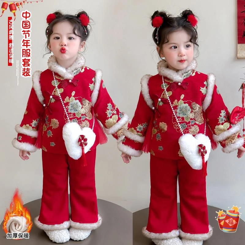 女宝宝中国风唐装拜年服2025新款棉衣套装小童复古加厚元旦演出服