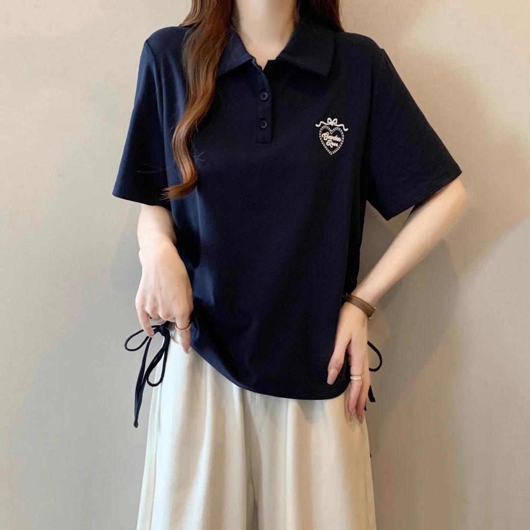 学院风polo领正肩藏蓝色短袖T恤女2025夏大码胖mm不规则抽绳上衣