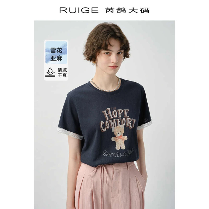 芮鸽微胖定制圆领T恤蕾丝拼接短袖亲肤女新款印花胖mm上衣0611DN