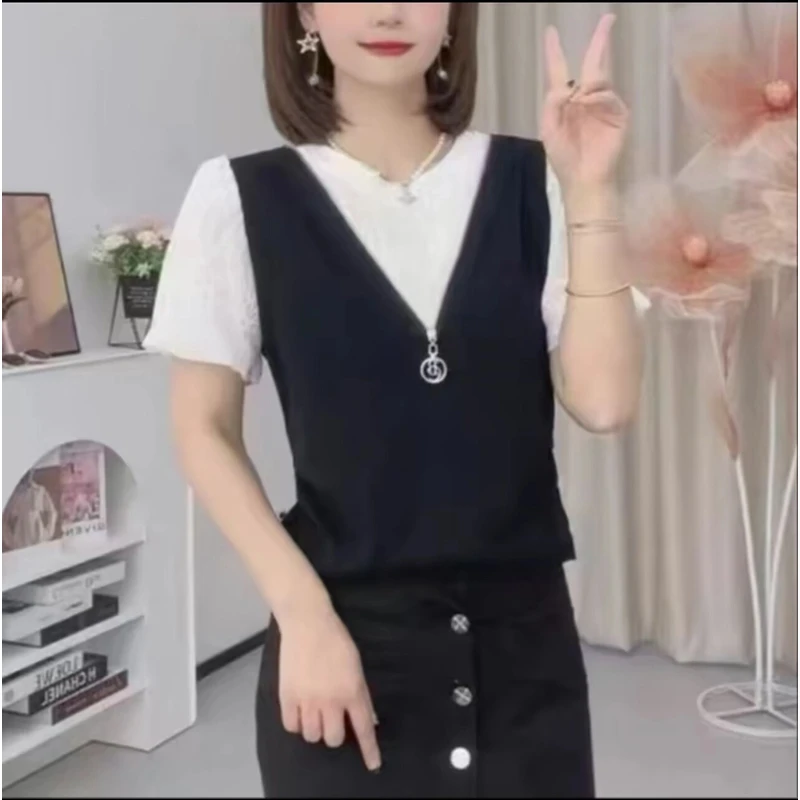 夏季新款时尚洋气显瘦气质休闲百搭宽松短袖t恤 假两件半拉链