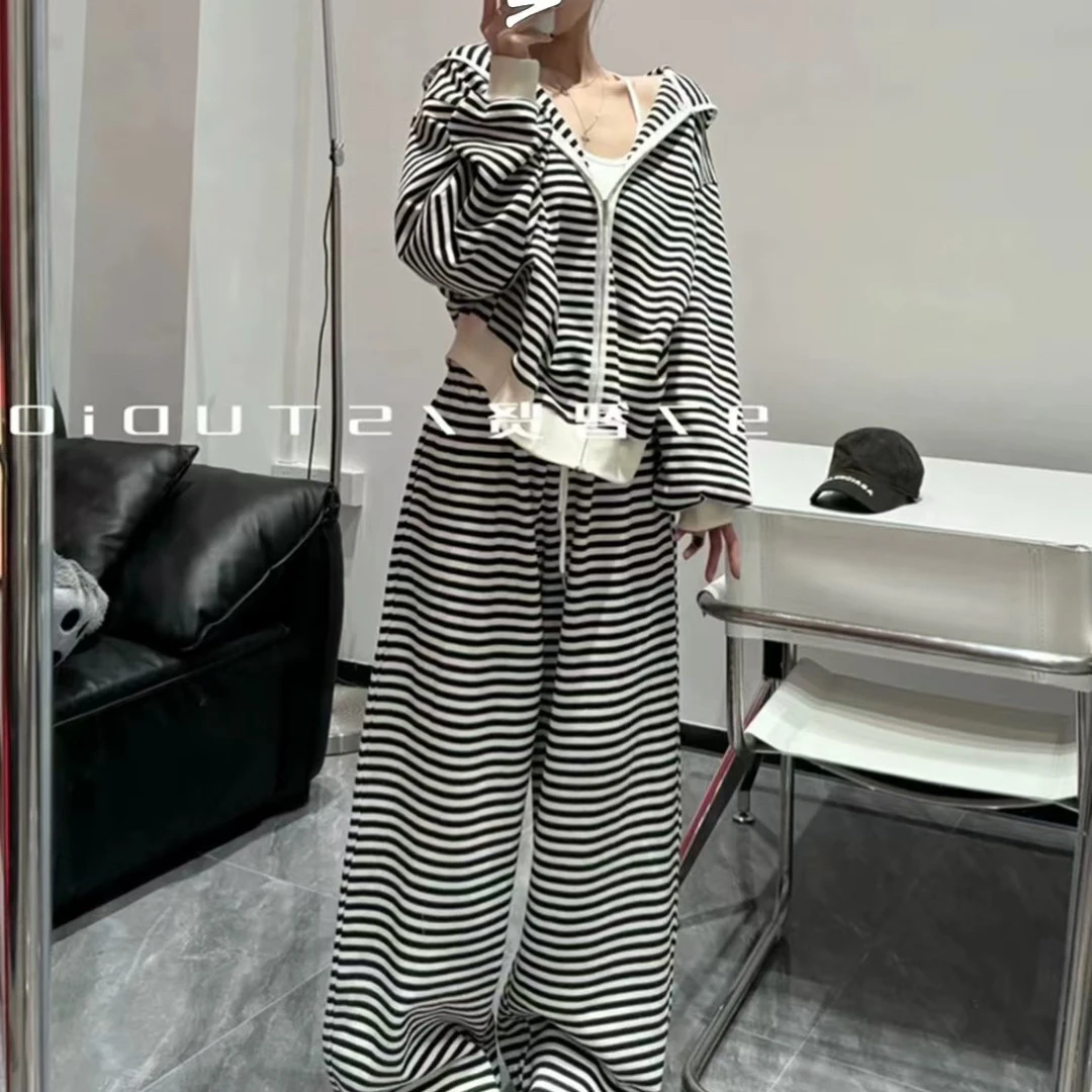 【条纹连帽】ins韩版慵懒早八通勤女新款套装A5066