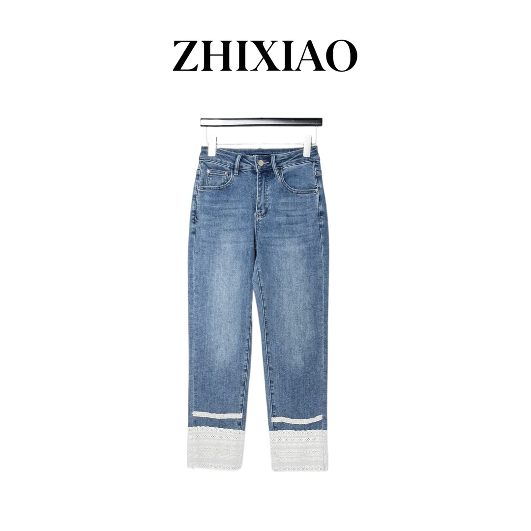 【ZHIXIAO】夏季新款：蕾丝边裤脚牛仔裤70383