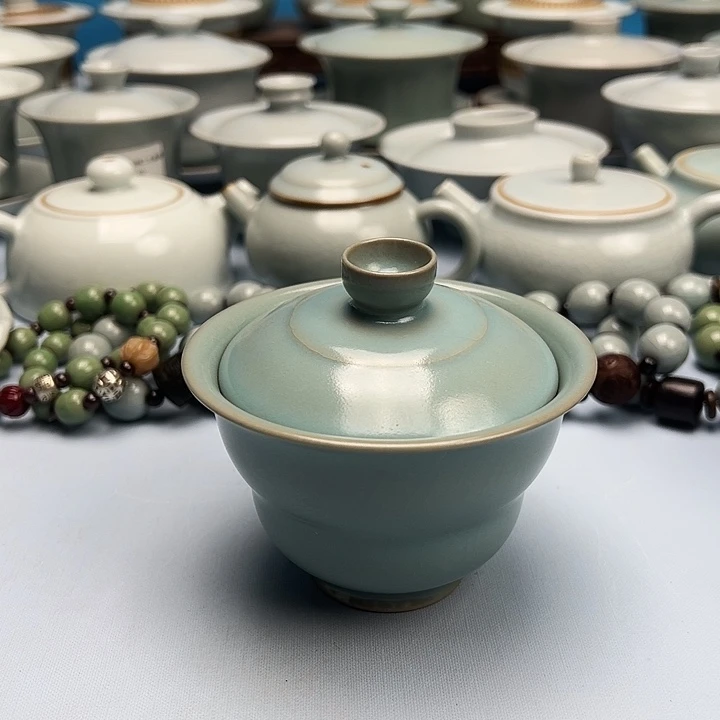 杯微微暇仿古天蓝釉福禄盖碗原矿原釉原产地