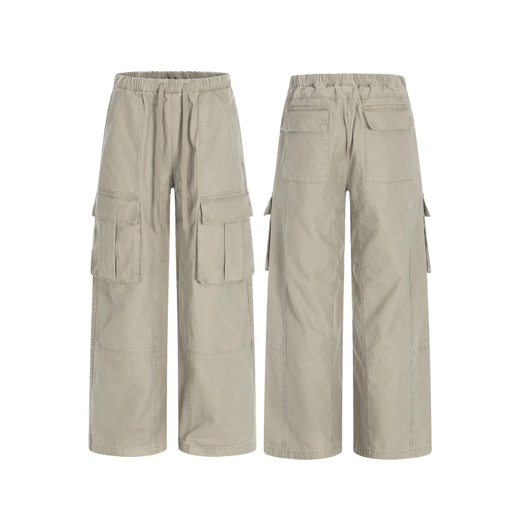 美式休闲水洗直筒宽松抽绳弹力松紧腰多口袋工装裤男女百搭潮6913