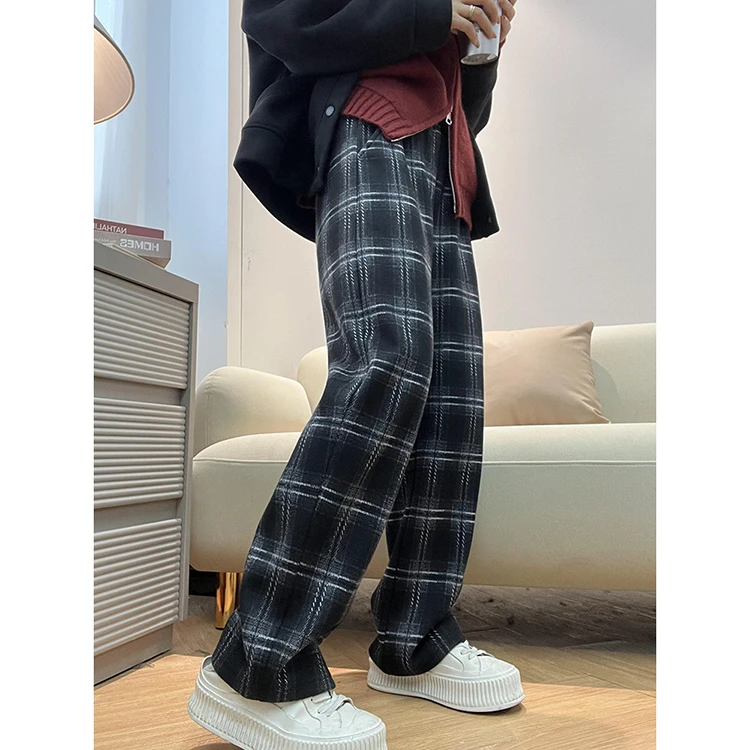 【格调】经典格子窄版加绒直筒裤宽松百搭显瘦舒适休闲裤女冬HJ681