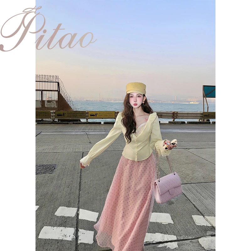 杜屁屁桃PITAO 原创【伊甸园】【琉璃海】春季INS风收腰法式衬衫