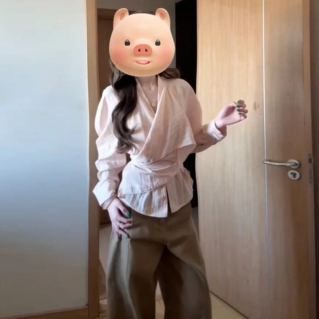 韩系设计感收腰绑带粉色长袖衬衫女早秋季独特漂亮宽松新中式衬衫