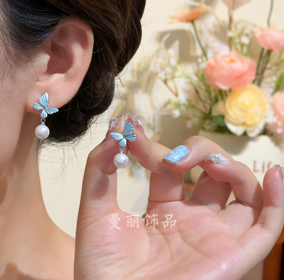 铜合金耳饰 2025气质绚蓝蝴蝶灵动珠耳钉