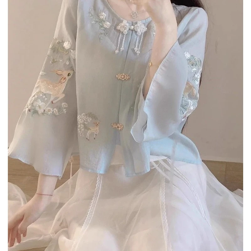 新中式国风套装女夏季减龄汉服衬衫上衣女超仙的雪纺半身裙两件套