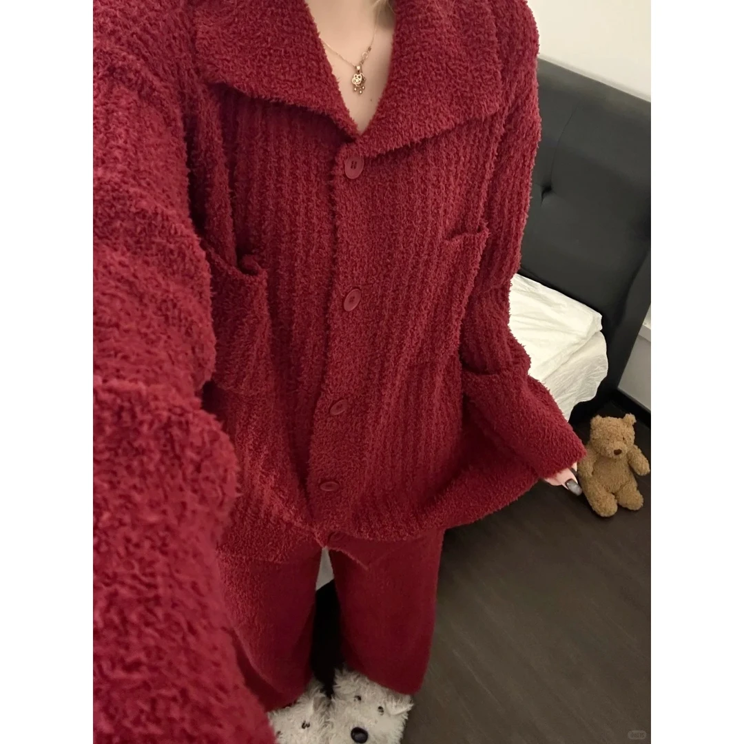 韩系简约纯色显白半边绒睡衣女秋冬新款加厚保暖家居服套装可外穿