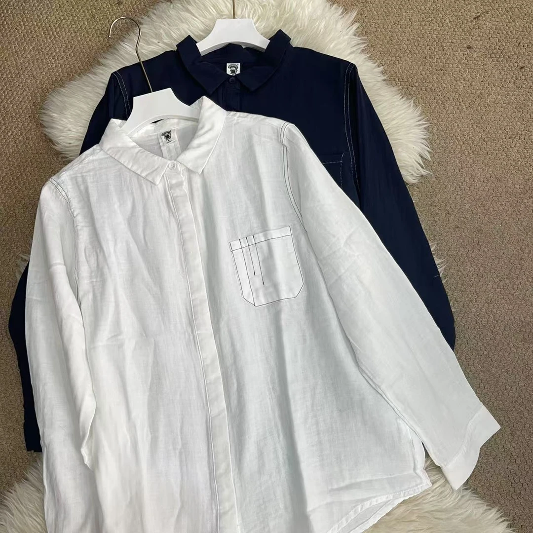 85188 文艺复古线条口袋宽松衬衫女长袖百搭纯色简约上衣