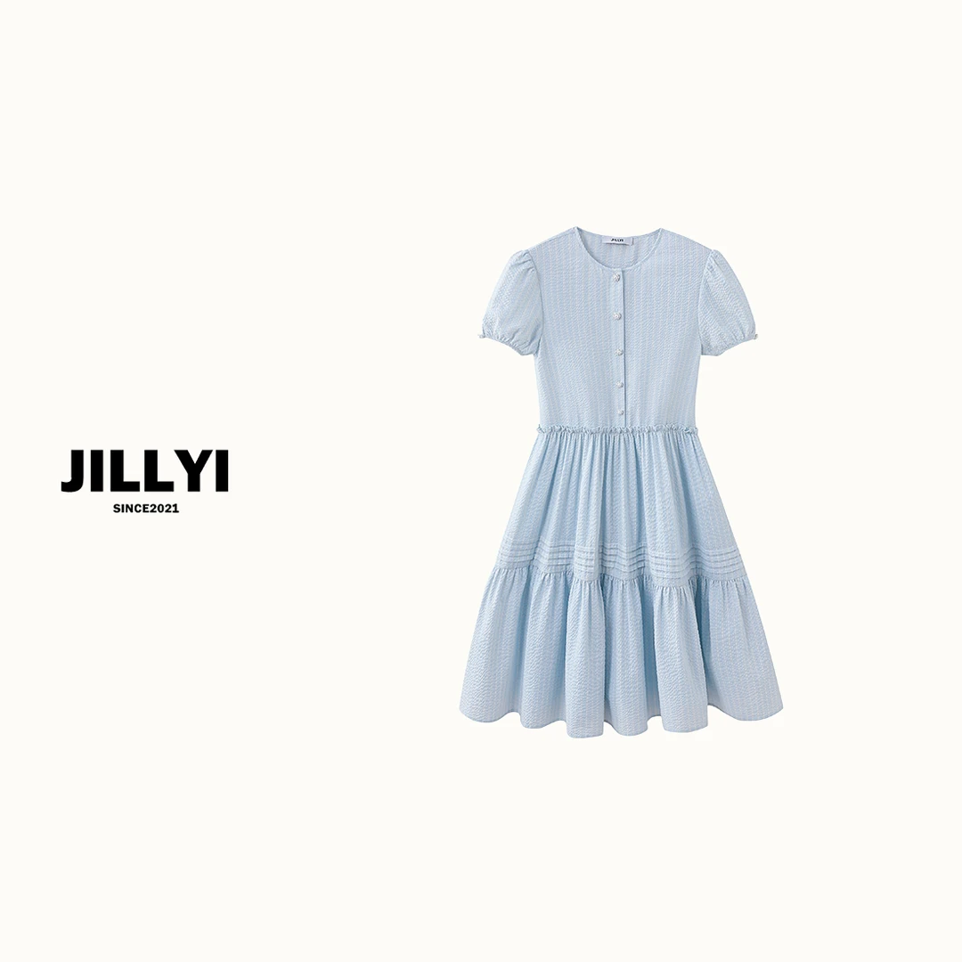 JILLYI南山店【浅蓝泡芙】浅色色圆领气质显瘦收腰连衣裙休闲白底